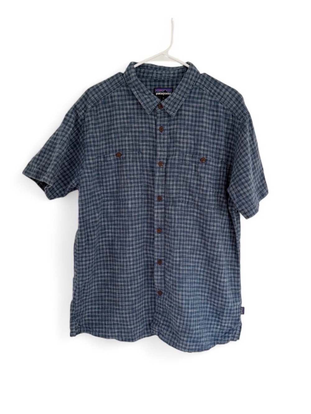 Patagonia Mens Hemp Organic Cotton Plaid Short Sleeve Button Down Shirt Blue XL